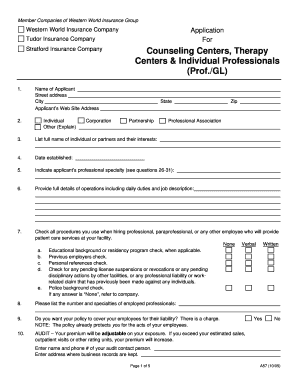 Western World Insurance Application for Counseling Centers