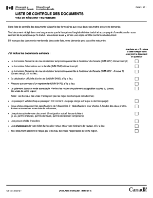 Liste de contrôle des documents - Visa de résident temporaire