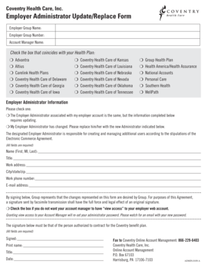 Coventry Health Care Employer Administrator Update Form
