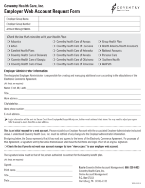 Coventry Health Care Employer Web Account Request Form