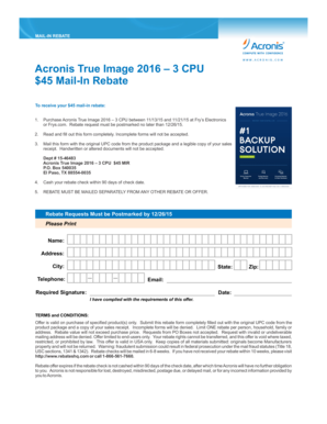 Acronis True Image 2016 Mail-In Rebate Form