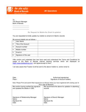 Bank of Baroda Mobile/Email Update Request
