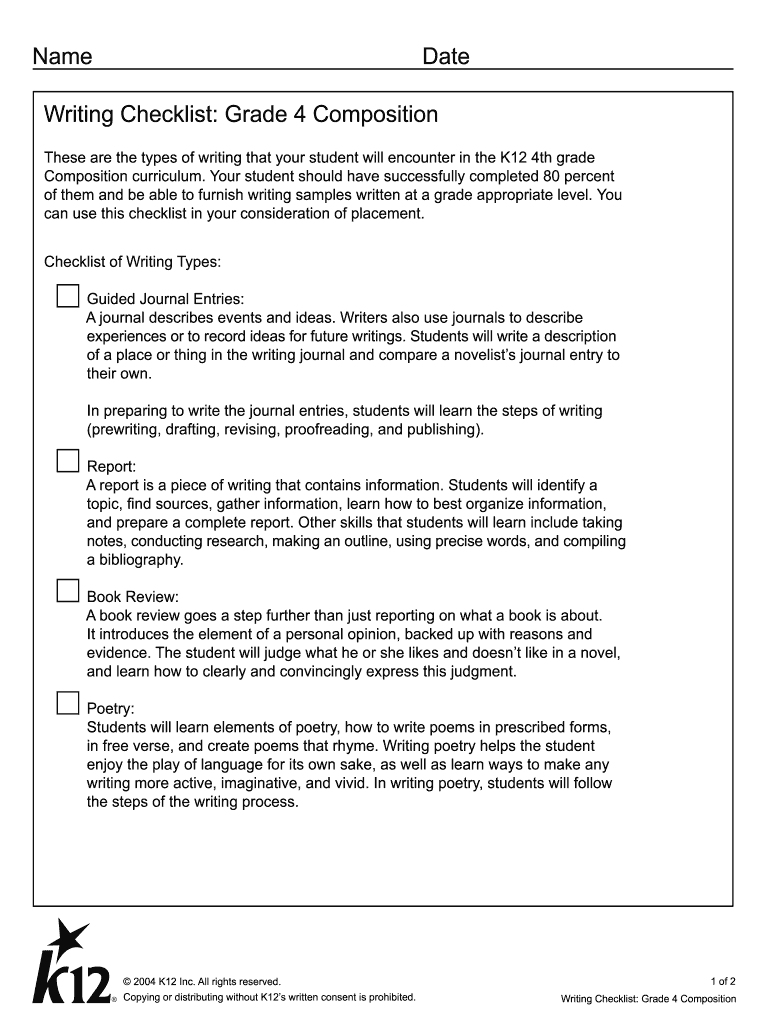 Fillable Online Writing Checklist Grade 4 Composition Fax Email Print