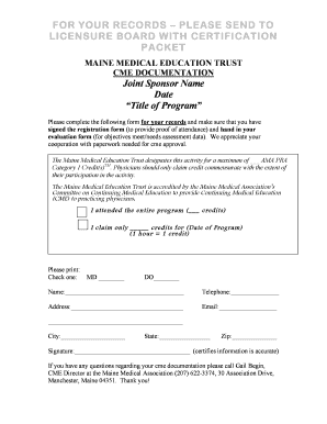 Maine Medical Education Trust CME Documentation Form