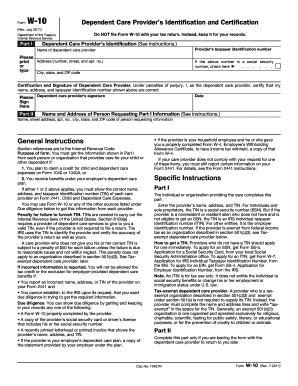 Form W-10 Dependent Care Provider Certification