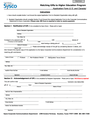 Sysco Matching Gifts Application Form