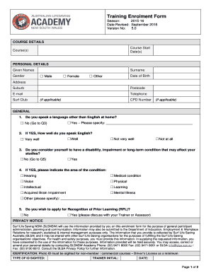 Surf Life Saving NSW Training Enrolment Form