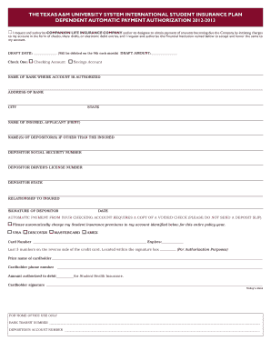 Texas A&M University System International Student Insurance Plan Dependent Automatic Payment Authorization