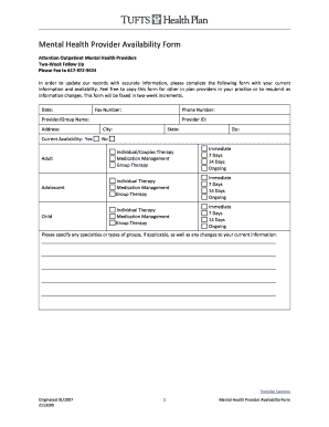 Mental Health Provider Availability Form