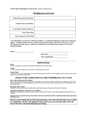 US Bankruptcy Court Withdrawal of Claim Form