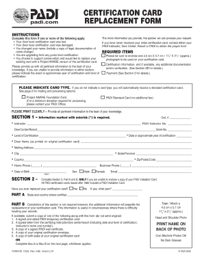 PADI Certification Card Replacement Form