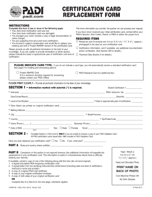 PADI Certification Card Replacement Form