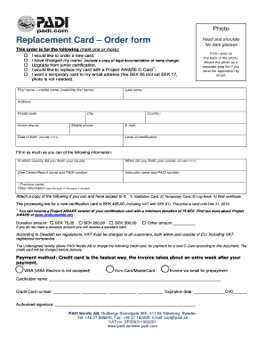 PADI Certification Card Replacement Form