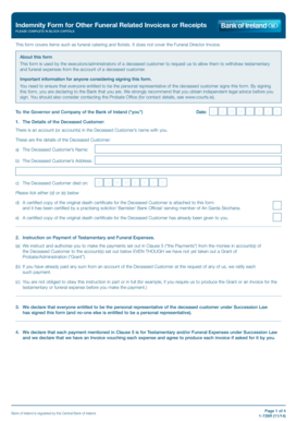 Indemnity Form for Other Funeral Related Invoices or Receipts