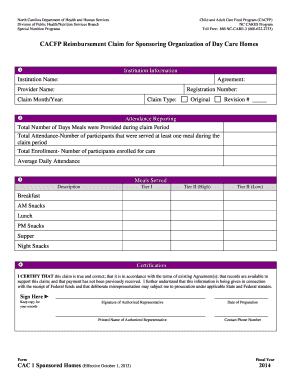 CACFP Reimbursement Claim for Day Care Homes