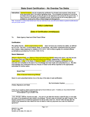 North Carolina Grant Certification – No Overdue Tax Debts