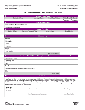 CACFP Reimbursement Claim for Adult Care Centers