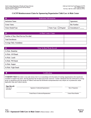 CACFP Reimbursement Claim for Child Care At Risk Center