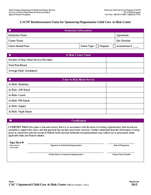 CACFP Reimbursement Claim for Child Care At Risk Center