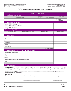 CACFP Reimbursement Claim for Adult Care Centers