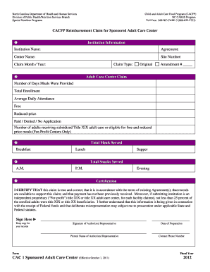 CACFP Reimbursement Claim for Sponsored Adult Care Center