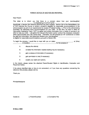 Parent Notice of Section 504 Referral