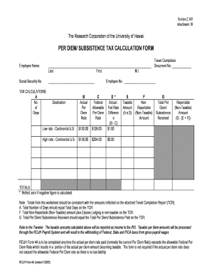 RCUH Per Diem Subsistence Tax Calculation Form