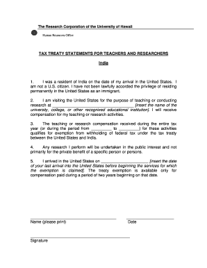 Tax Treaty Statement for Teachers and Researchers