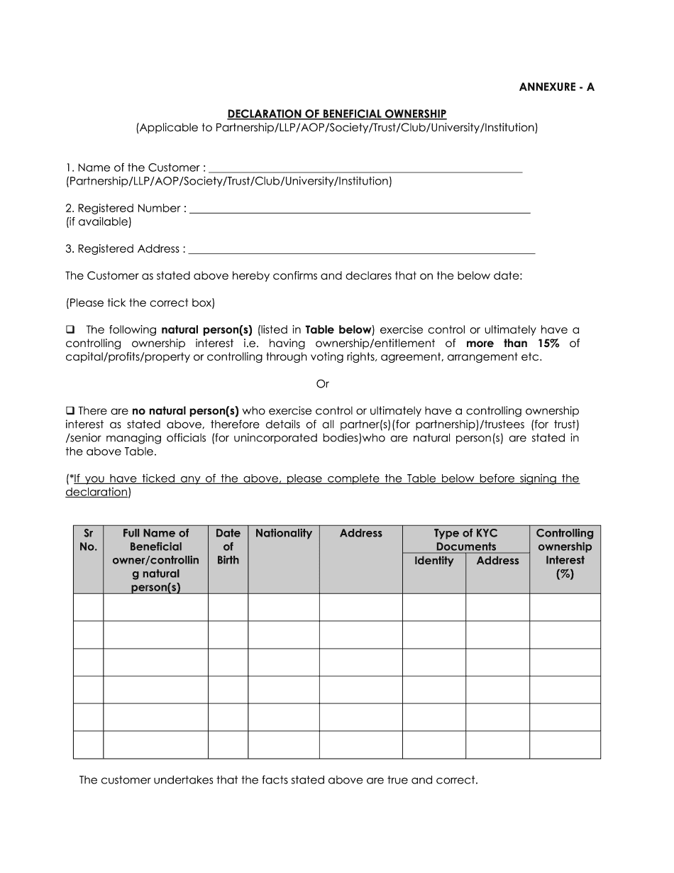 Declaration Of Beneficial Owmership Form