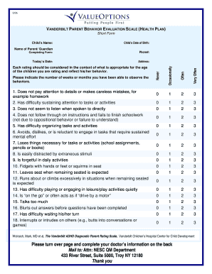 Vanderbilt ADHD Parent Rating Scale Form
