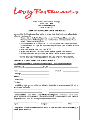 Exhibitor Food & Beverage Sampling Form