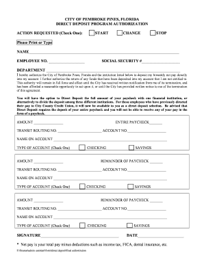 City of Pembroke Pines Direct Deposit Authorization