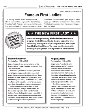 Famous First Ladies Reading Comprehension Worksheet