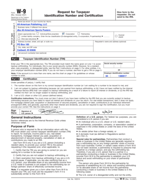 Form W-9 Request for Taxpayer Identification Number and Certification