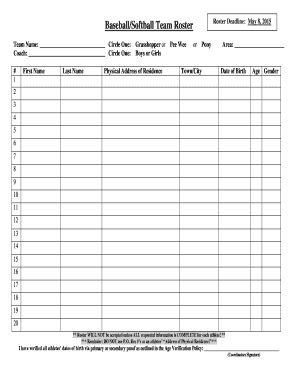 Baseball/Softball Team Roster Form