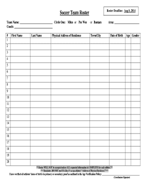 Soccer Team Roster Form