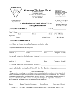Authorization for Medications Taken During School Hours
