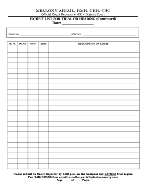 Exhibit List for Trial or Hearing