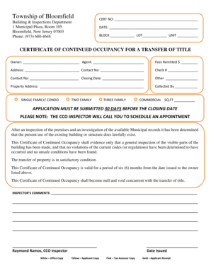 Certificate of Continued Occupancy for Transfer of Title
