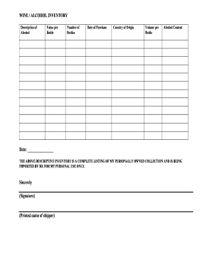 Wine Alcohol Inventory Form
