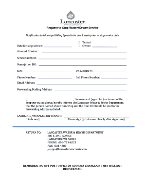 Request to Stop Water Sewer Service