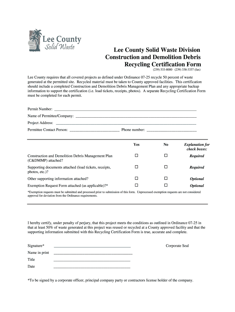 lee county recycling certification form Preview on Page 1