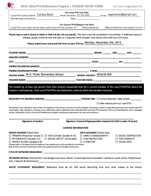 2015–2016 PTA Reflections Program Student Entry Form