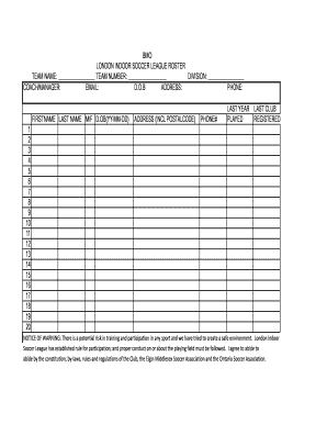 London Indoor Soccer League Roster Form
