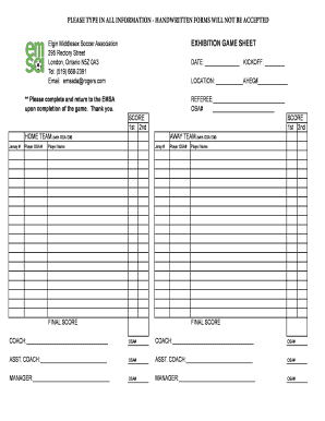 Elgin Middlesex Soccer Association Exhibition Game Sheet