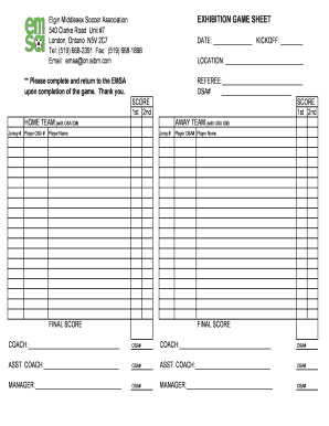 Elgin Middlesex Soccer Association Exhibition Game Sheet