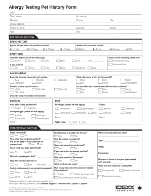 Allergy Testing Pet History Form