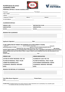 Baseball Player Clearance Form