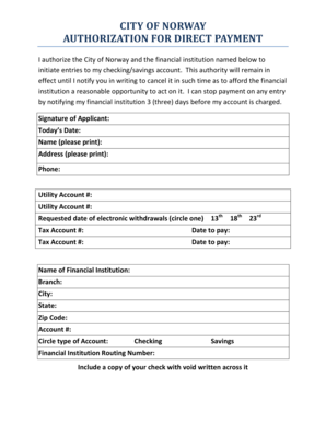 City of Norway Direct Payment Authorization
