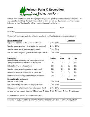 Pullman Parks Recreation Class Evaluation Form